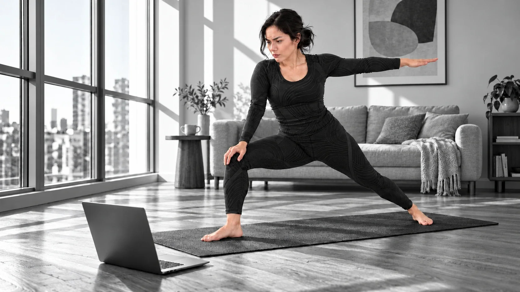 A woman holding a warrior pose alone at home, following a class on a laptop